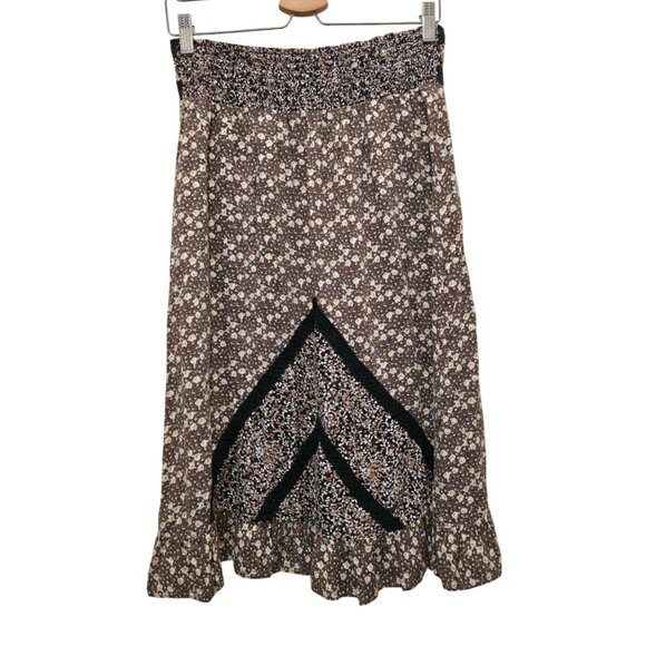 Free People Boho Brown Floral Midi Rayon Skirt With Geometric Accent Sz S - Picture 2 of 6